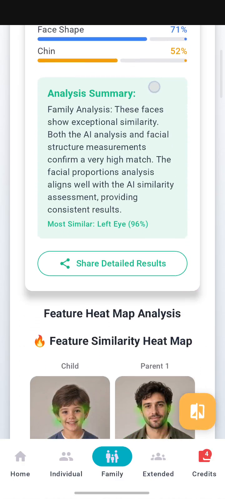 A KinScan screen: feature similarity heat map with a child and a parent side by side
